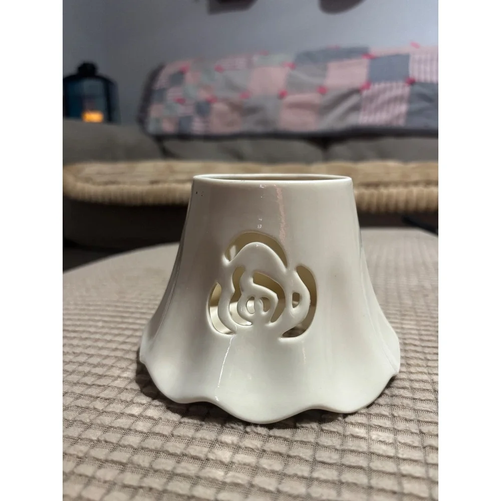 Cream Ceramic Rose Cutout Jar Candle Topper Shade Scalloped Edge